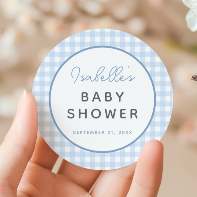 Pegatina Redonda Baby Shower Blue Gingham Boy (Blue gingham Baby Shower Sticker)