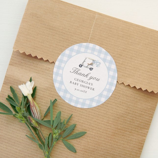 Pegatina Redonda Baby Shower Blue Gingham Golf (Subido por el creador)