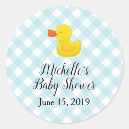 Pegatina Redonda Baby Shower Blue Gingham Rubber Duckie