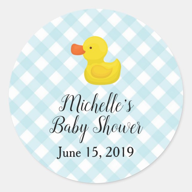Pegatina Redonda Baby Shower Blue Gingham Rubber Duckie (Anverso)