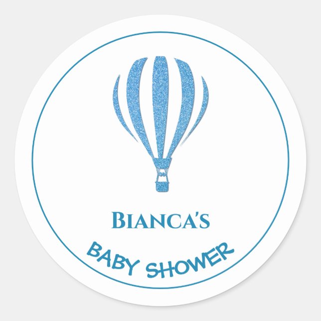 Pegatina Redonda Baby Shower Blue Hot Air Balloon (Anverso)