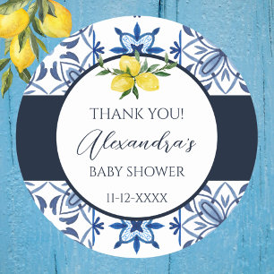 Pegatina Redonda Baby Shower Blue Italian Yellow Lemon Gracias