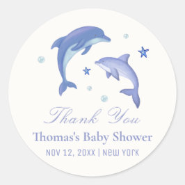 Pegatina Redonda Baby Shower Blue Modern Summer Dolphin Stars