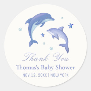 Pegatina Redonda Baby Shower Blue Modern Summer Dolphin Stars