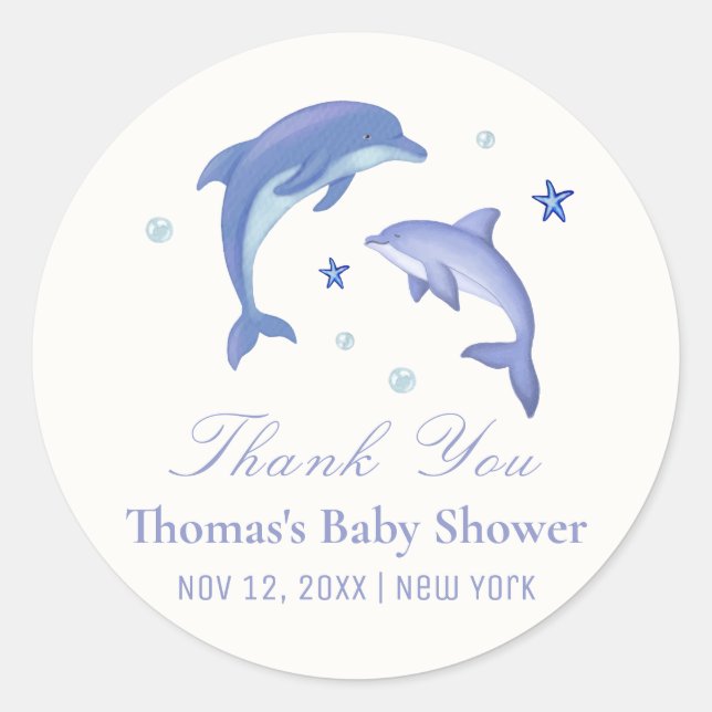 Pegatina Redonda Baby Shower Blue Modern Summer Dolphin Stars (Anverso)