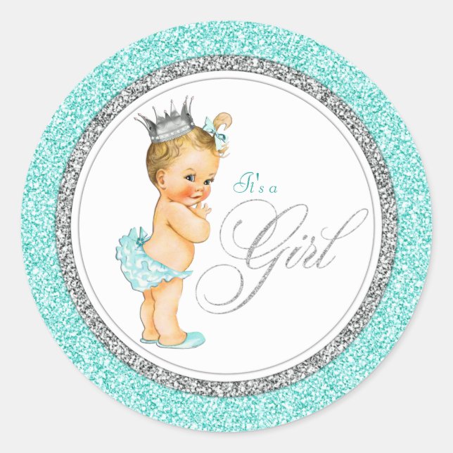 Pegatina Redonda Baby Shower Blue Silver verde azulado (Anverso)