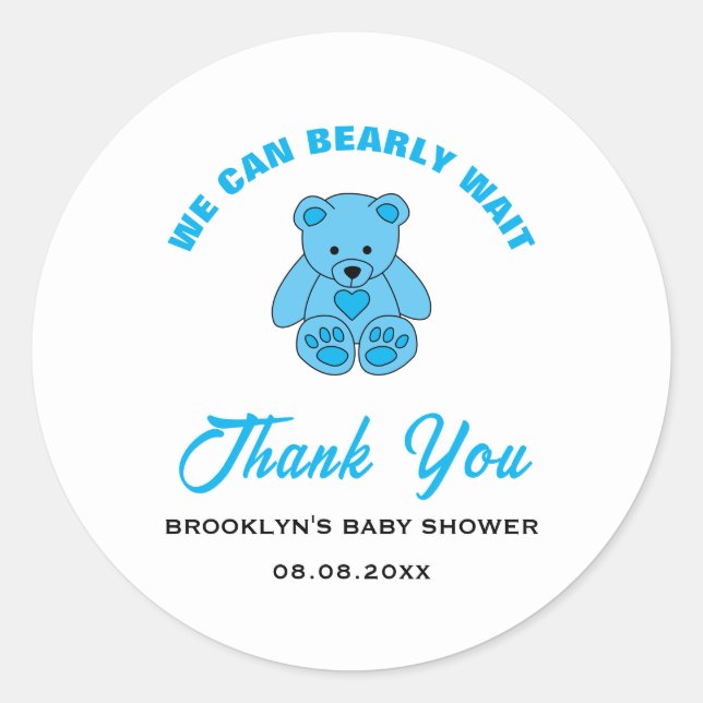 Pegatina Redonda Baby Shower Blue Teddy Bear Podemos Esperar (Anverso)