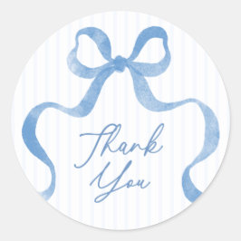 Pegatina Redonda Baby Shower Blue Wavy Ribbon Bow Gracias