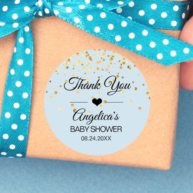 Pegatina Redonda Baby Shower Blue y Gold personalizado gracias (Personalized Blue and Gold Baby Shower Thank You Classic Round Sticker)