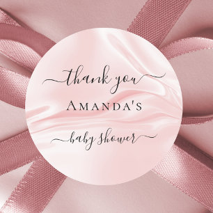 Pegatina Redonda Baby Shower blush seda rosa satén nombre gracias