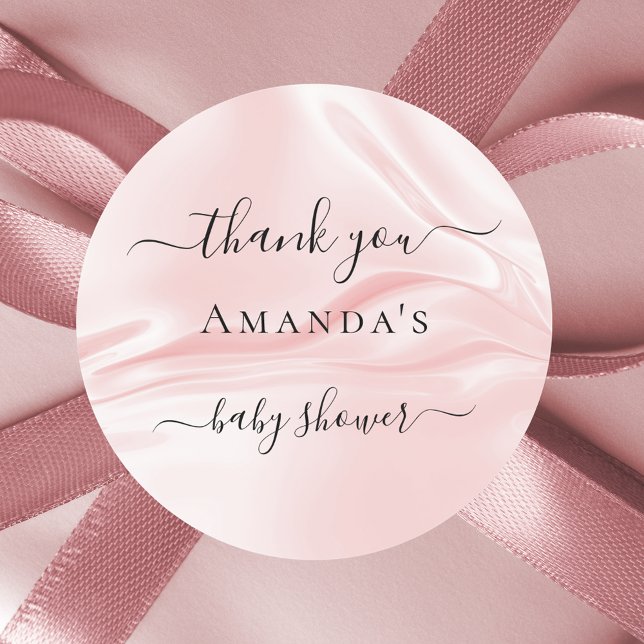 Pegatina Redonda Baby Shower blush seda rosa satén nombre gracias (Subido por el creador)