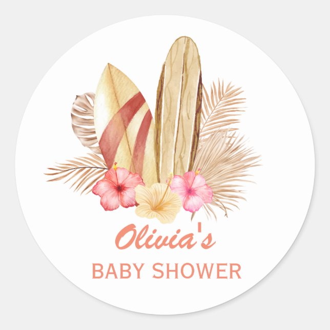 Pegatina Redonda Baby Shower Boho Tropical Flower SurfIng (Anverso)