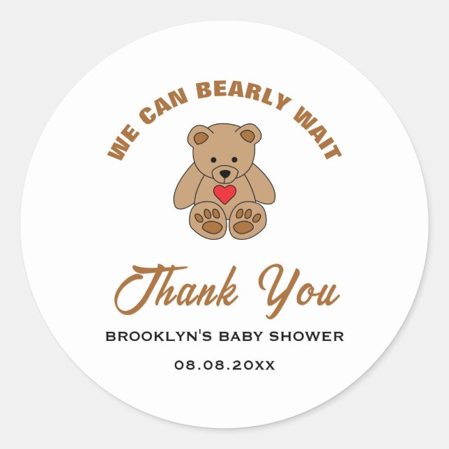 Pegatina Redonda Baby Shower Brown Teddy Bear Podemos Esperar (Anverso)