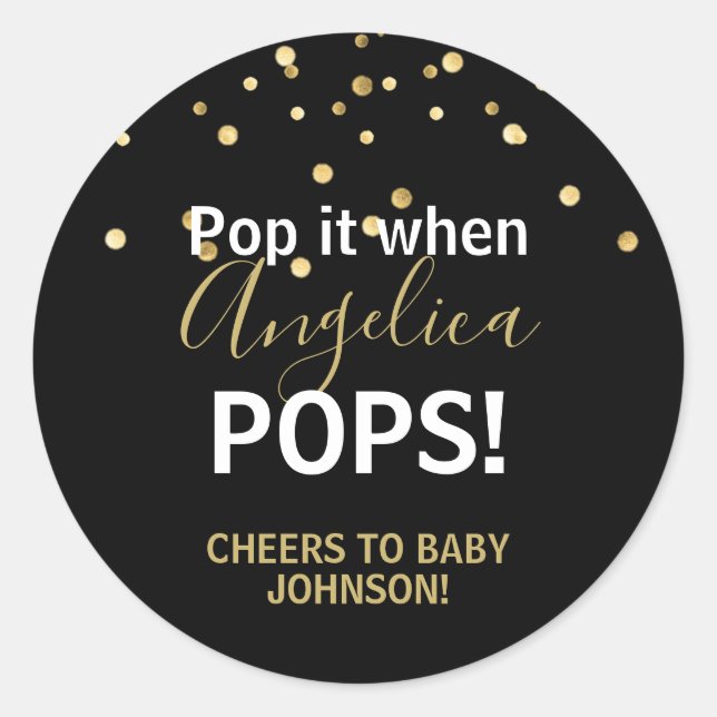 Pegatina Redonda Baby Shower Bubbly POP Champagne Black Gold (Anverso)