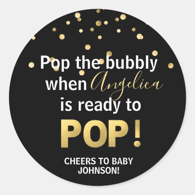 Pegatina Redonda Baby Shower Bubbly POP Champagne Black Gold (Anverso)