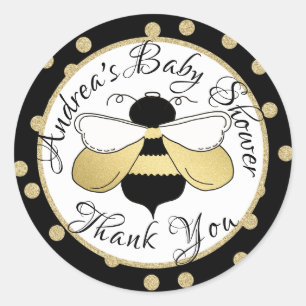 Pegatina Redonda Baby Shower Bumble Bee and Polka Dots