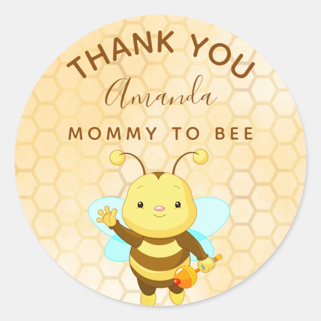 Pegatina Redonda Baby Shower bumble bee honeycomb gracias (Anverso)
