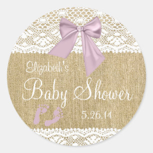 Pegatina Redonda Baby Shower Burlap y Lace Lavender