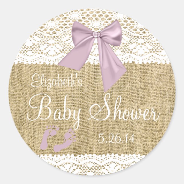 Pegatina Redonda Baby Shower Burlap y Lace Lavender (Anverso)