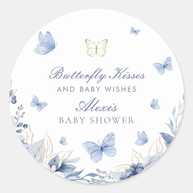 Pegatina Redonda Baby Shower Butterfly Kisses Boy (Anverso)