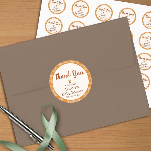 Pegatina Redonda Baby Shower Caída, Calabaza Pequeña, Tapada, Acorn (Subido por el creador)