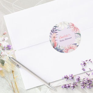 Pegatina Redonda Baby Shower Caprichoso Floral de Lavanda para Bebé