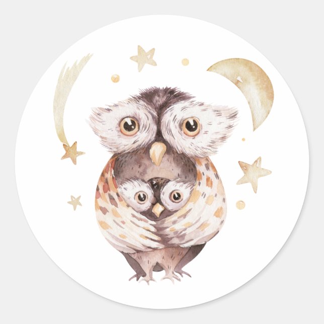 Pegatina Redonda Baby Shower Celestial Boho Mami and Baby Owl (Anverso)