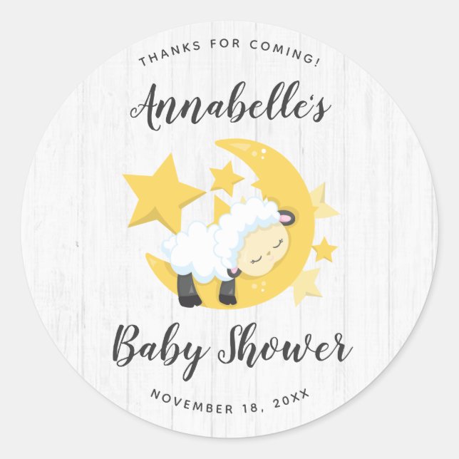 Pegatina Redonda Baby Shower Celestial Moon Stars & Lamb Gracias (Anverso)