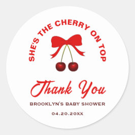 Pegatina Redonda Baby Shower Cherry On Top Red Coquette Bow Chica