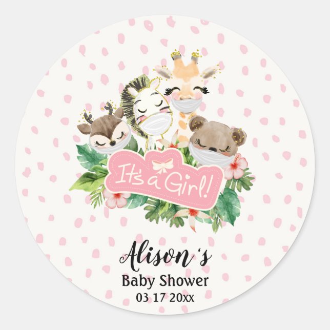 Pegatina Redonda Baby Shower chica | Amigos de animales salvajes Cu (Anverso)
