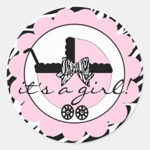 Pegatina Redonda Baby Shower Chica Cebra rosa
