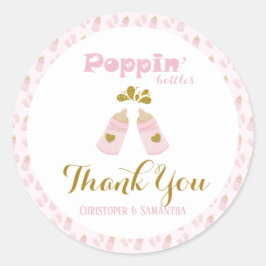 Pegatina Redonda Baby Shower Chica de botellas Poppin rosa