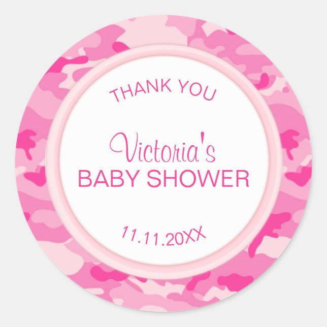 Pegatina Redonda Baby Shower Chica de Camo Rosa Personalizado Graci (Anverso)