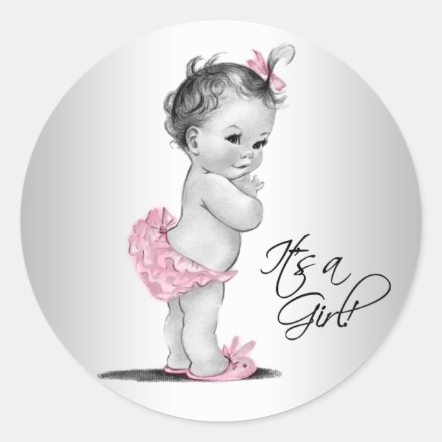 Pegatina Redonda Baby Shower Chica de color gris rosado (Anverso)