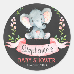 Pegatina Redonda Baby Shower Chica de elefante acuático Chalkboard
