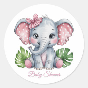 Pegatina Redonda Baby Shower Chica de Elefante de Bow Rosa