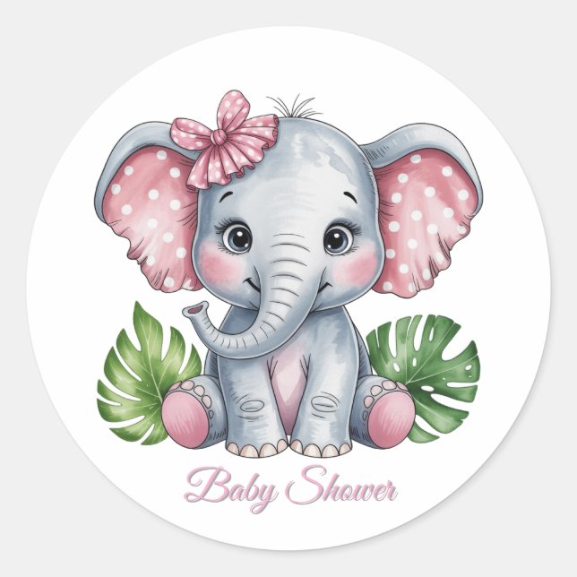 Pegatina Redonda Baby Shower Chica de Elefante de Bow Rosa (Anverso)