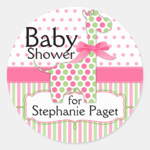Pegatina Redonda Baby Shower, Chica de Giraffe Rosa y Verde