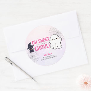 Pegatina Redonda Baby Shower Chica de Halloween de Pink Ghoul