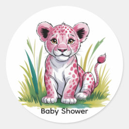 Pegatina Redonda Baby Shower Chica de leones rosados