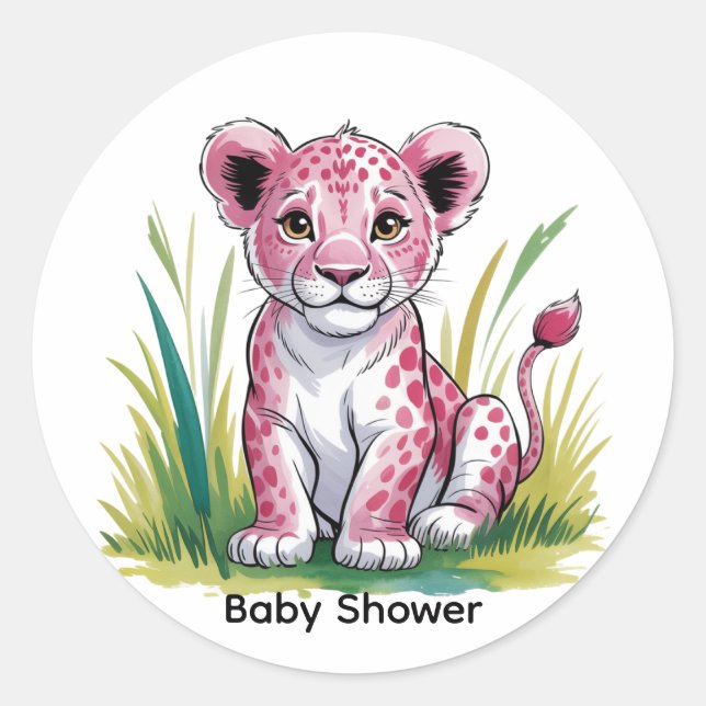 Pegatina Redonda Baby Shower Chica de leones rosados (Anverso)