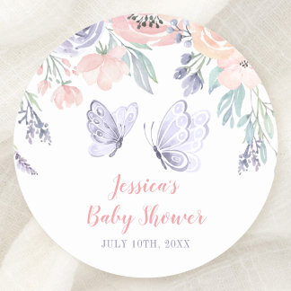 Pegatina Redonda Baby Shower Chica de mariposa morada rosa