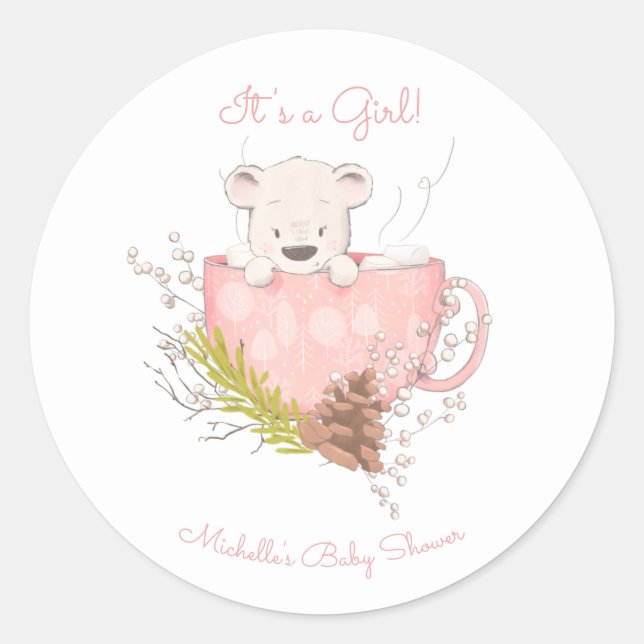 Pegatina Redonda Baby Shower Chica de oso de invierno rosa (Anverso)