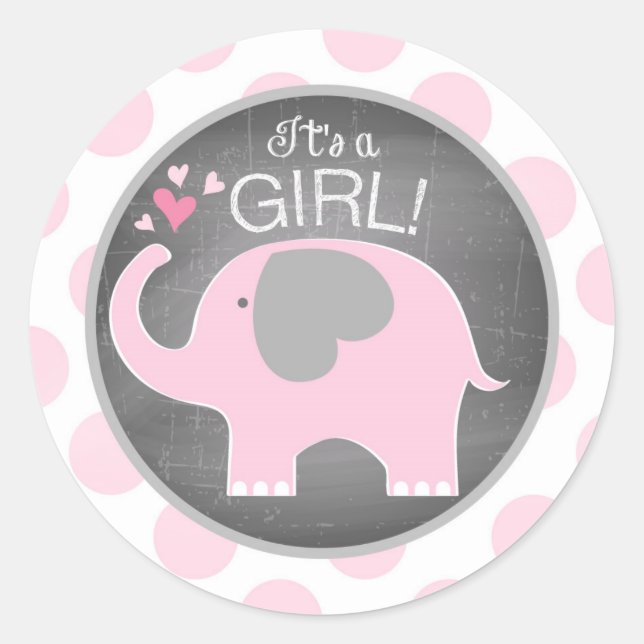 Pegatina Redonda Baby Shower Chica de Punto Elefante Rosa (Anverso)