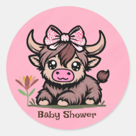 Pegatina Redonda Baby Shower Chica de Vaca Rosa Tan Highland