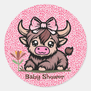 Pegatina Redonda Baby Shower Chica de Vaca Rosa Tan Highland