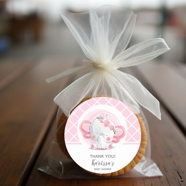 Pegatina Redonda Baby Shower Chica Elefante Rosa (Pink Elephant Girl Baby Shower Sticker)