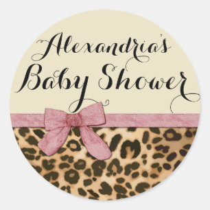 Pegatina Redonda Baby Shower Chica Fancy Leopard Pink Bow