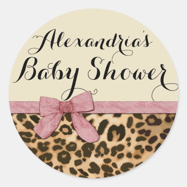 Pegatina Redonda Baby Shower Chica Fancy Leopard Pink Bow (Anverso)