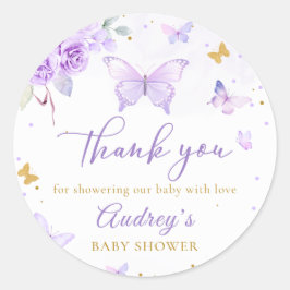 Pegatina Redonda Baby Shower Chica floral Purple Gold Butterfly